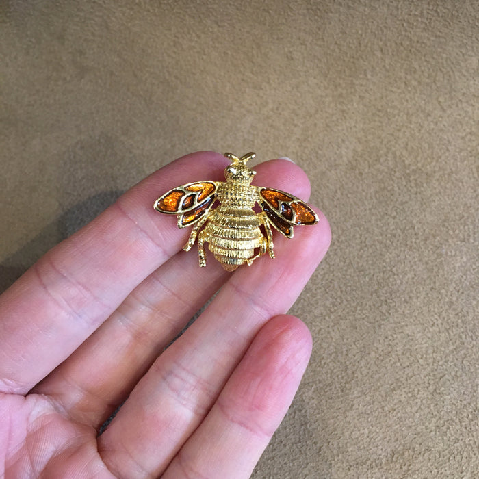 Vintage Golden Bee Brooch Amber Enamel Wings