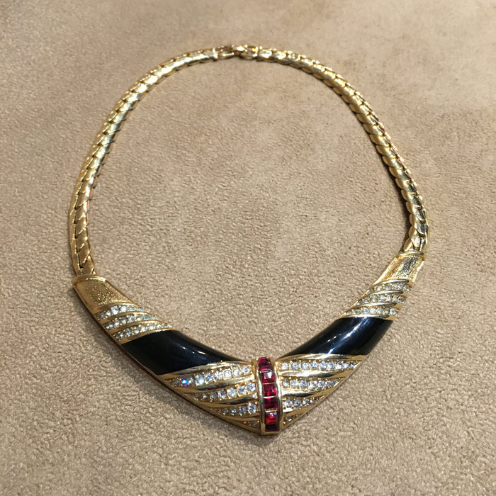 Grossé Vintage Necklace Red and White Crystal Black Enamel Gold