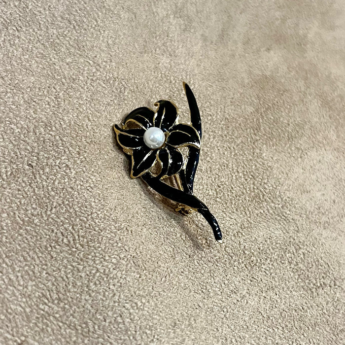Vintage Flower Brooch Black Enamel Gold Plated