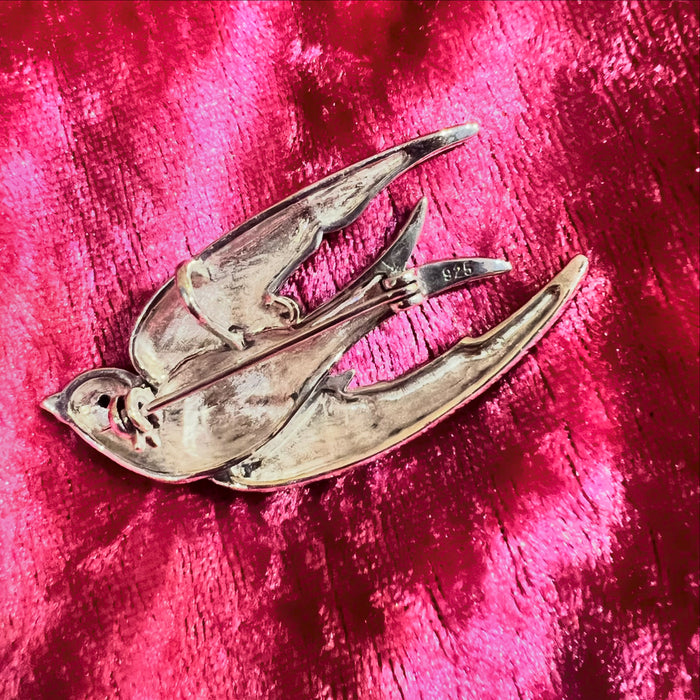Black enamel Bird Brooch silver Marcasite
