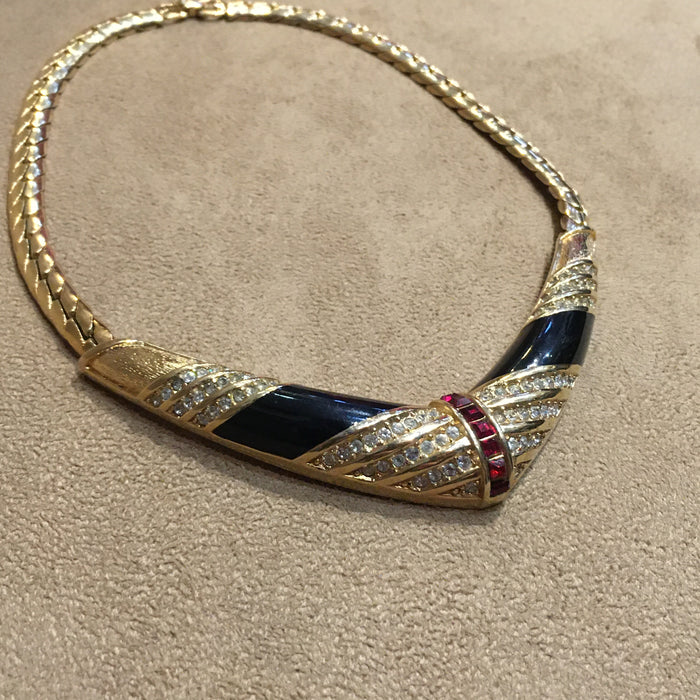 Grossé Vintage Necklace Red and White Crystal Black Enamel Gold