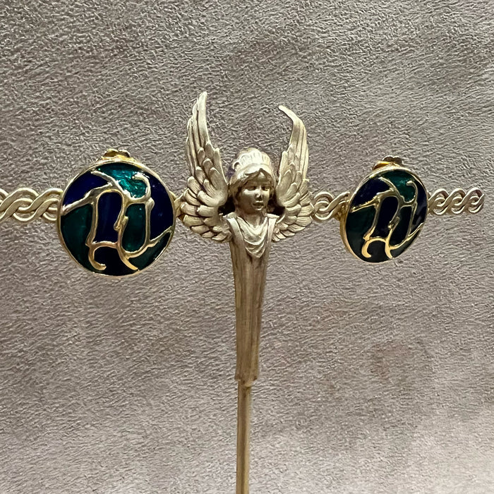 Vintage Blue and Green Enamel Clip On Earrings