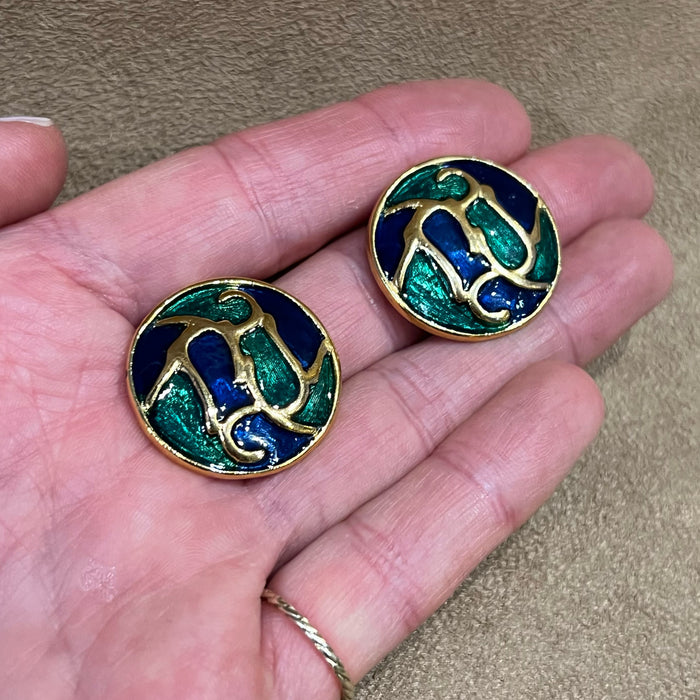 Vintage Blue and Green Enamel Clip On Earrings