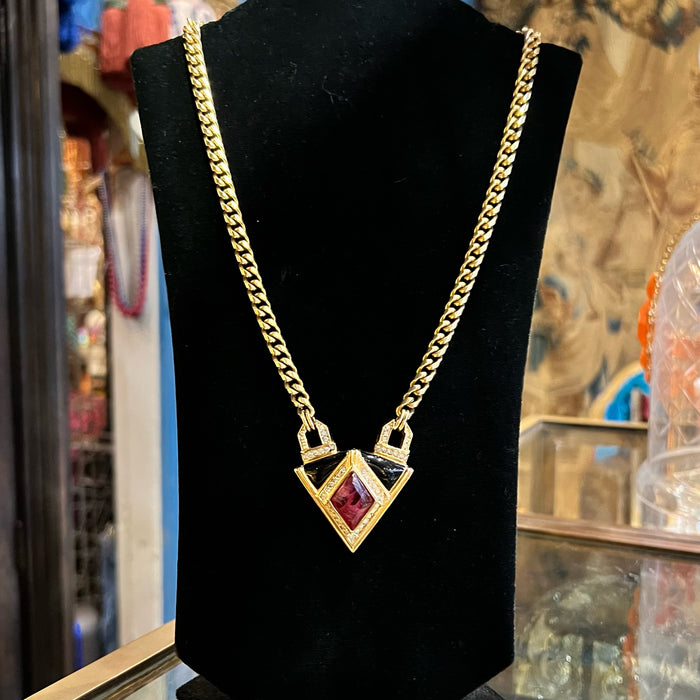 Christian Dior Vintage Black Enamel Red Crystal Gold Plated Pendant Necklace