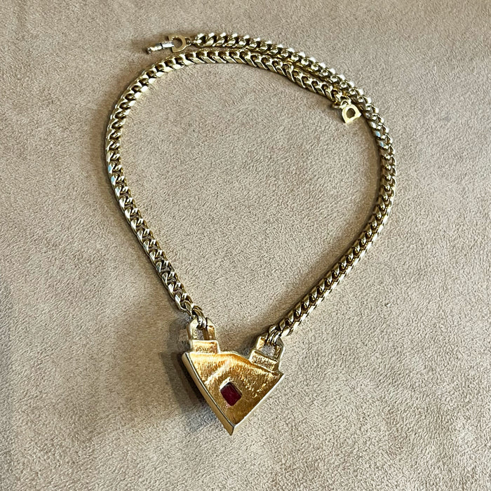 Christian Dior Vintage Black Enamel Red Crystal Gold Plated Pendant Necklace