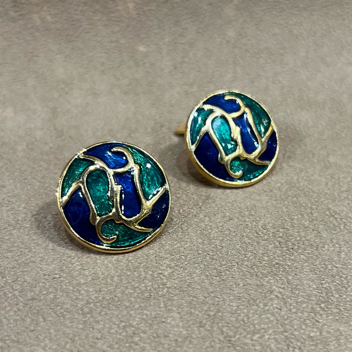 Vintage Blue and Green Enamel Clip On Earrings
