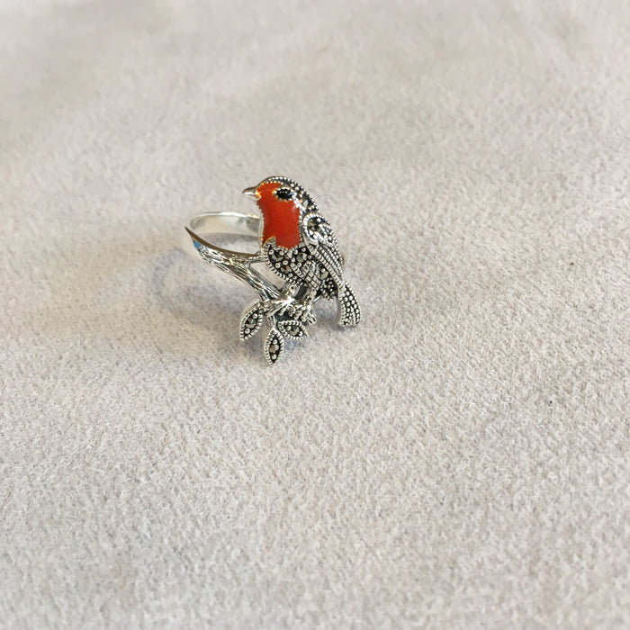 Robin Ring Sterling Silver Marcasite Enamel