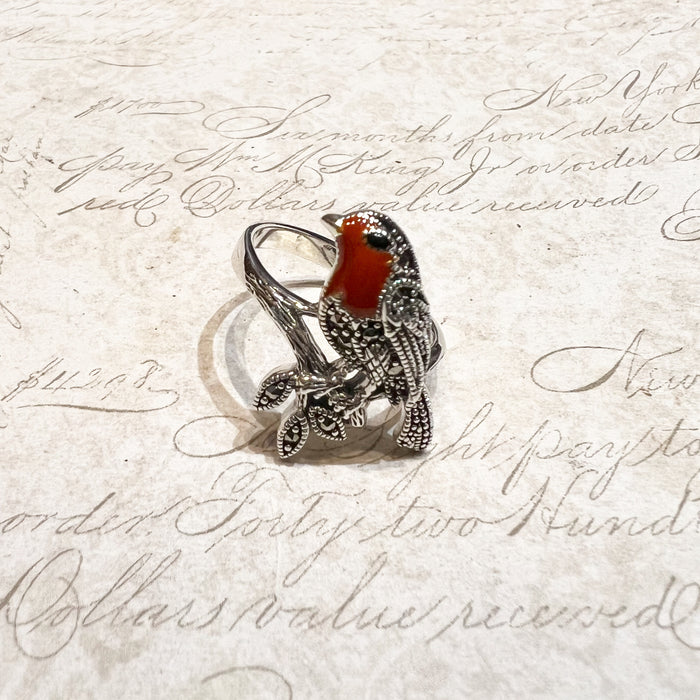 Robin Ring Sterling Silver Marcasite Enamel