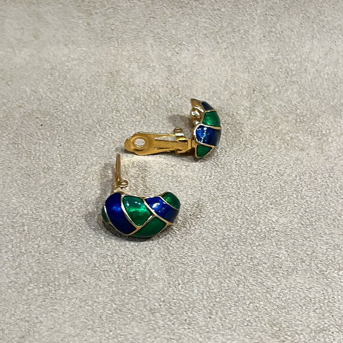 Vintage Blue and Green Enamel Clip On Half Hoop Earrings Gold Plated