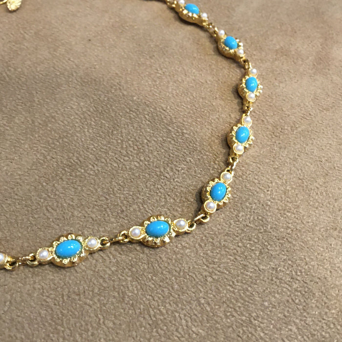 Vintage Turquoise and Seed Pearl Gold Plated Necklace