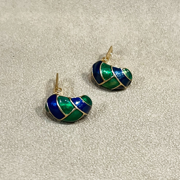 Vintage Blue and Green Enamel Clip On Half Hoop Earrings Gold Plated