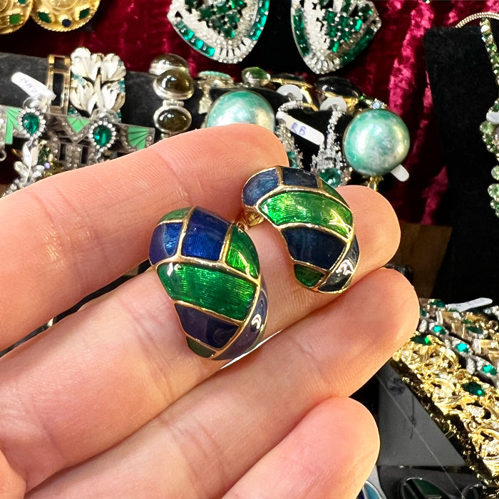 Vintage Blue and Green Enamel Clip On Half Hoop Earrings Gold Plated