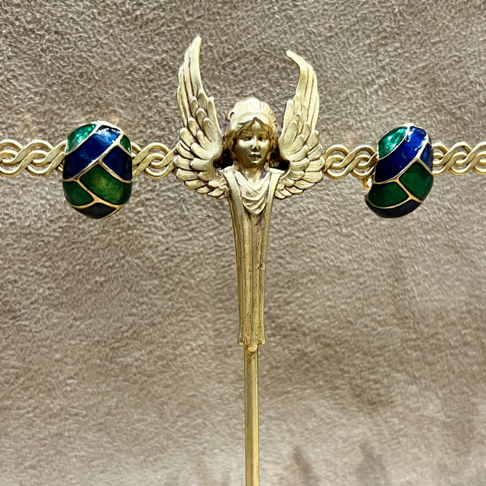 Vintage Blue and Green Enamel Clip On Half Hoop Earrings Gold Plated