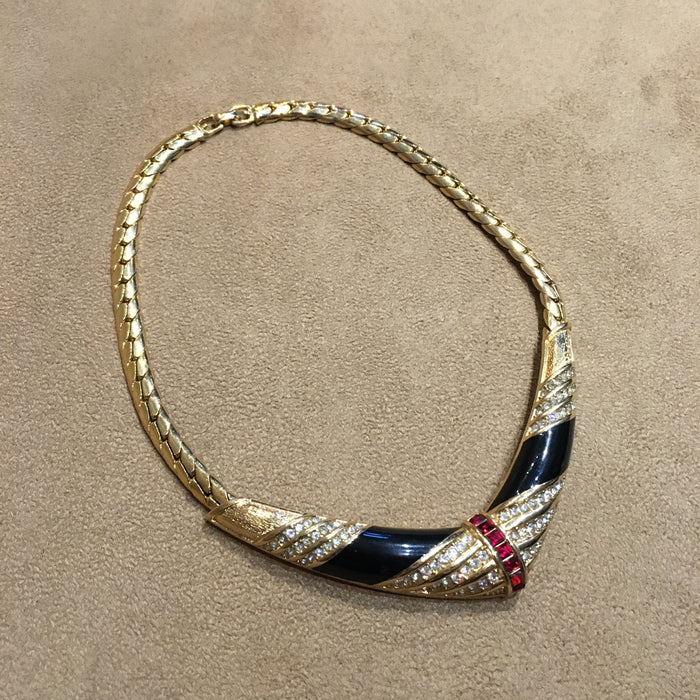 Grossé Vintage Necklace Red and White Crystal Black Enamel Gold