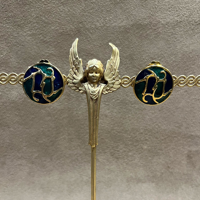 Vintage Blue and Green Enamel Clip On Earrings
