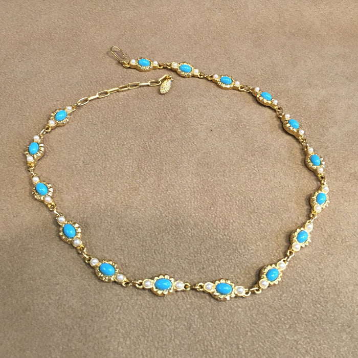 Vintage Turquoise and Seed Pearl Gold Plated Necklace