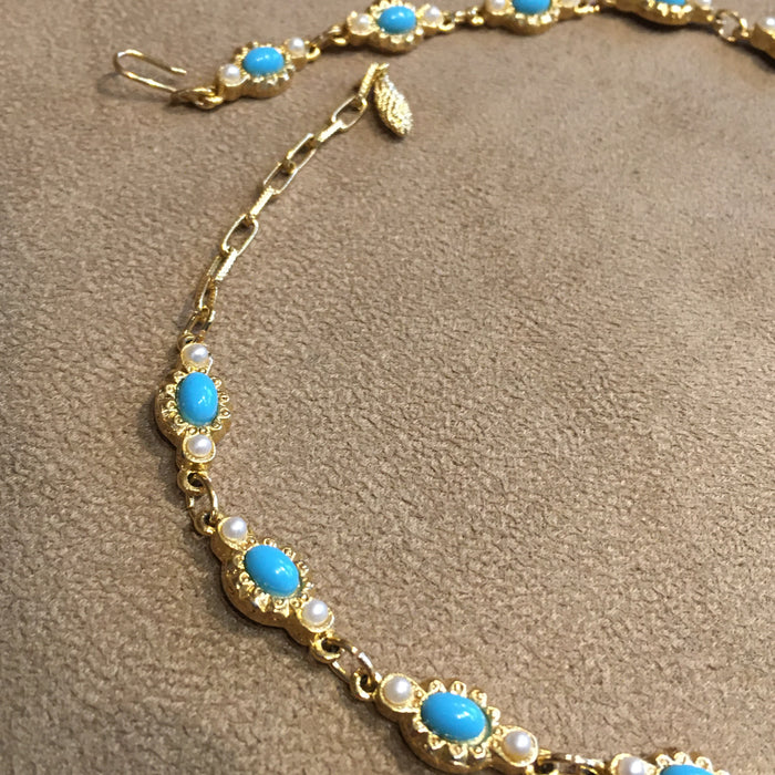 Vintage Turquoise and Seed Pearl Gold Plated Necklace