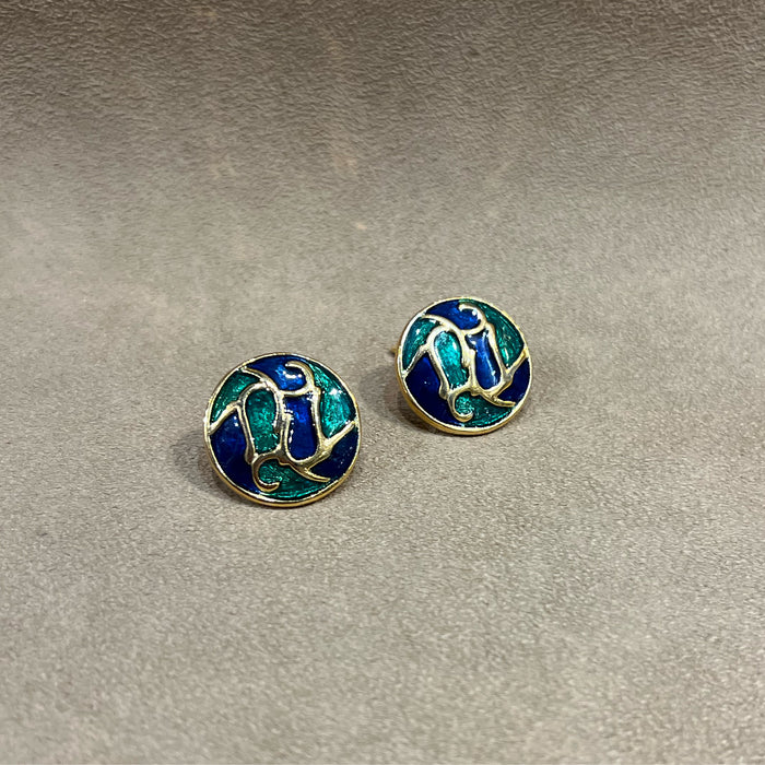 Vintage Blue and Green Enamel Clip On Earrings