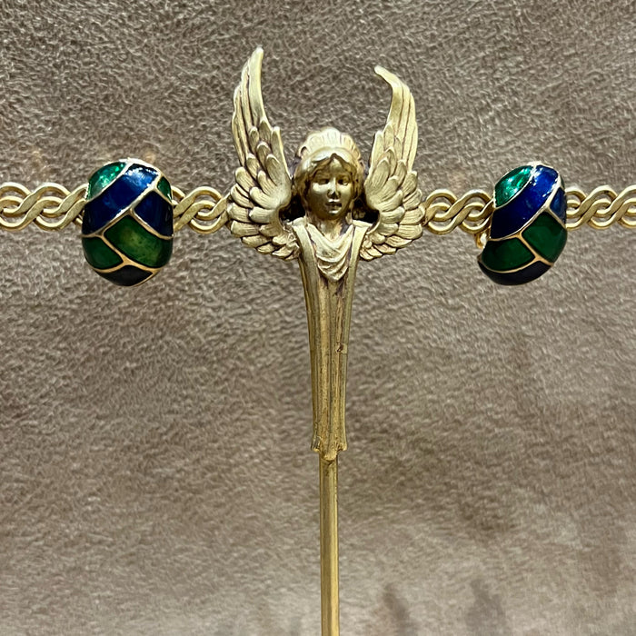 Vintage Blue and Green Enamel Clip On Half Hoop Earrings Gold Plated