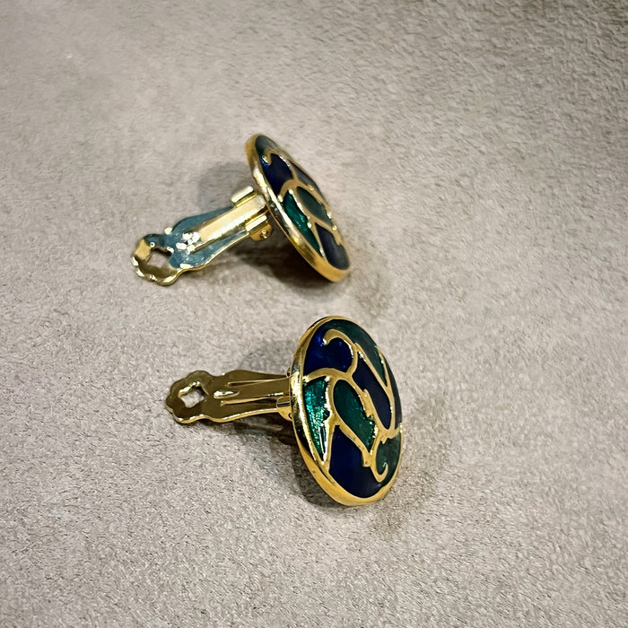 Vintage Blue and Green Enamel Clip On Earrings