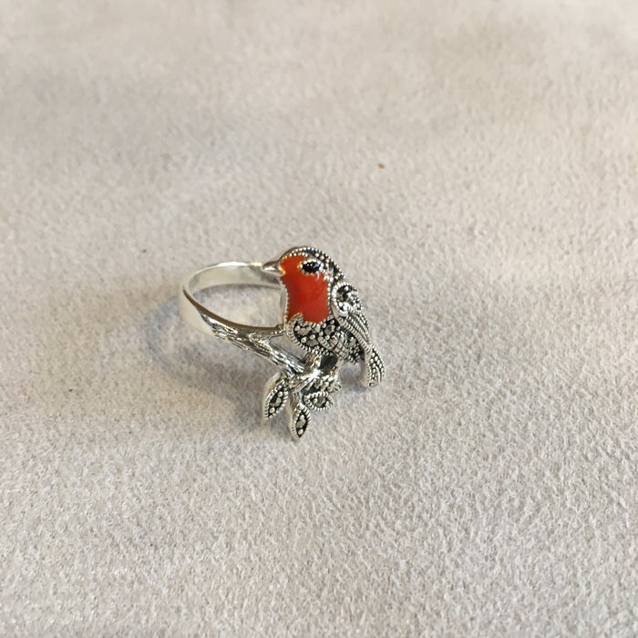 Robin Ring Sterling Silver Marcasite Enamel
