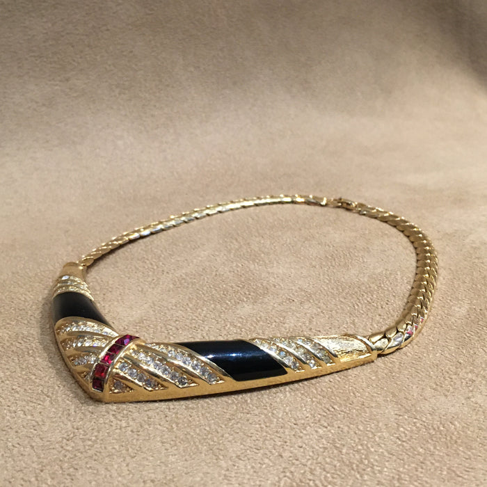 Grossé Vintage Necklace Red and White Crystal Black Enamel Gold