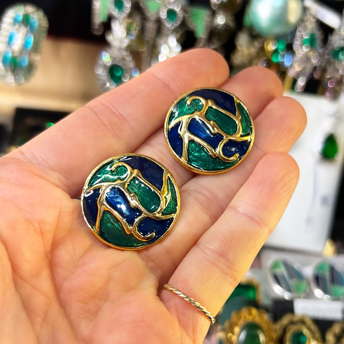 Vintage Blue and Green Enamel Clip On Earrings