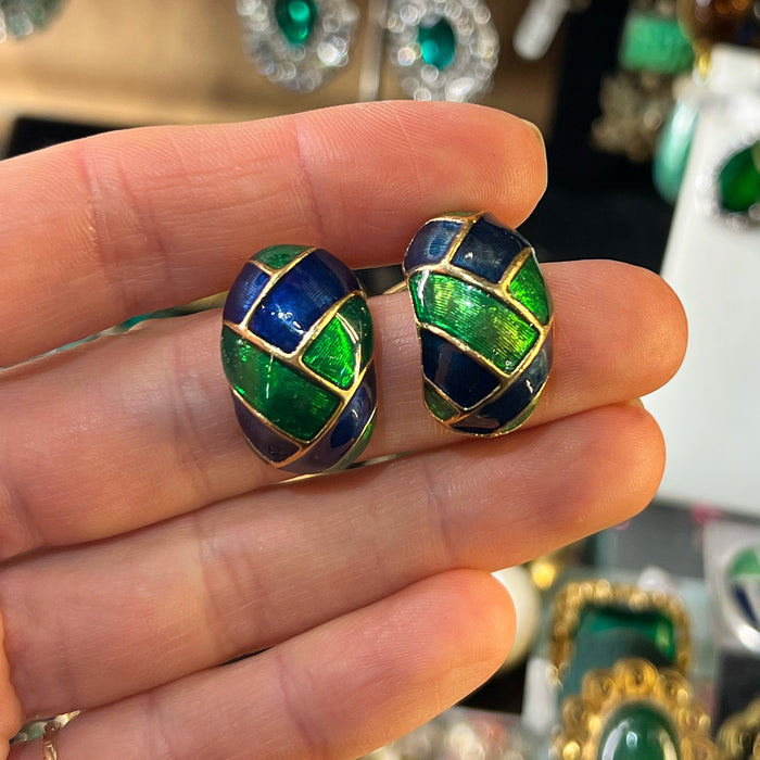 Vintage Blue and Green Enamel Clip On Half Hoop Earrings Gold Plated