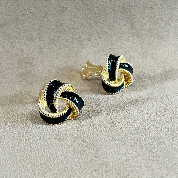 Black Enamel Vintage Clip On Knot Earrings