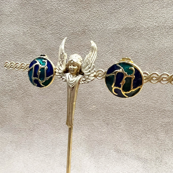 Vintage Blue and Green Enamel Clip On Earrings