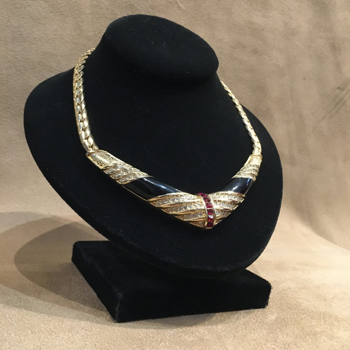 Grossé Vintage Necklace Red and White Crystal Black Enamel Gold