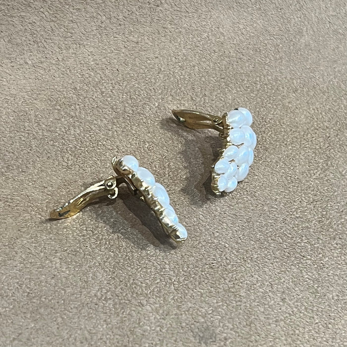 Trifari Pearl Cabachon Leafy Vintage Clip On Earrings Gold Plated