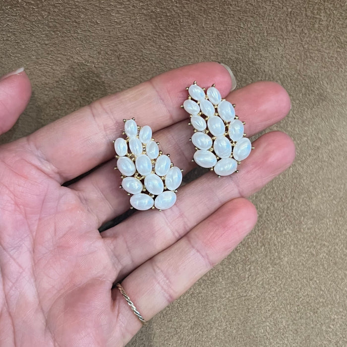 Trifari Pearl Cabachon Leafy Vintage Clip On Earrings Gold Plated