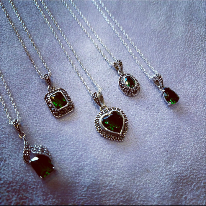 Emerald crystal silver Marcasite oval pendant