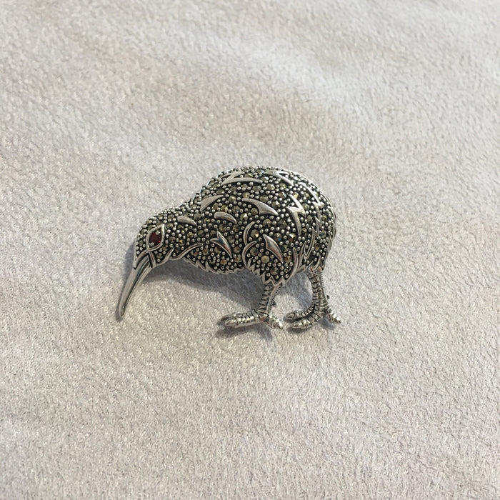Kiwi Brooch Silver Marcasite Pendant Necklace