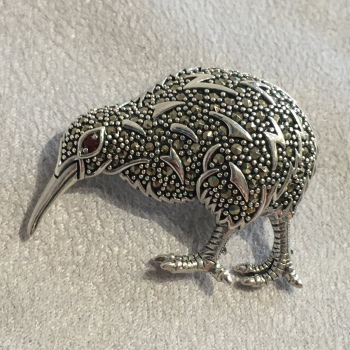 Kiwi Brooch Silver Marcasite Pendant Necklace