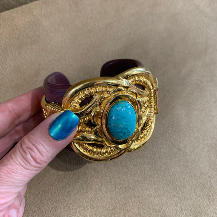 Vintage Escada Bracelet Large Statement Cuff Gold brown turquoise cuff