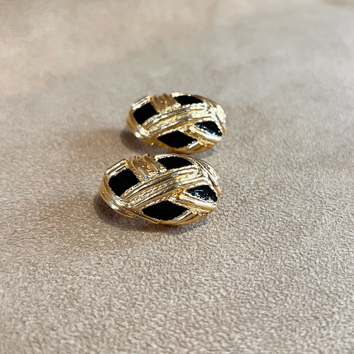 Vintage Black Enamel Gold Plated  Half Hoop Clip on Earrings