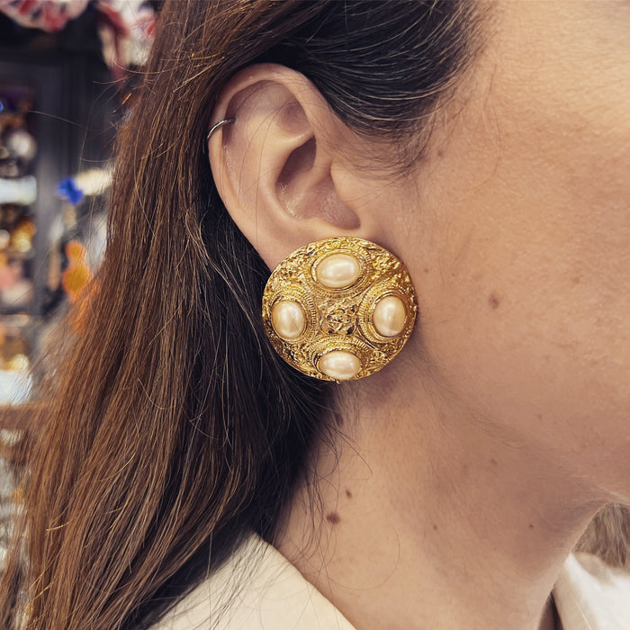 Pearl and Gold Vintage Statement Clip on Earrings 012