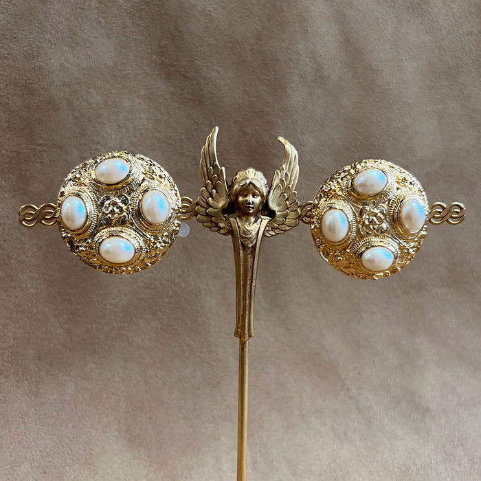 Pearl and Gold Vintage Statement Clip on Earrings 012