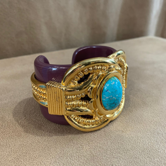 Vintage Escada Bracelet Large Statement Cuff Gold brown turquoise cuff