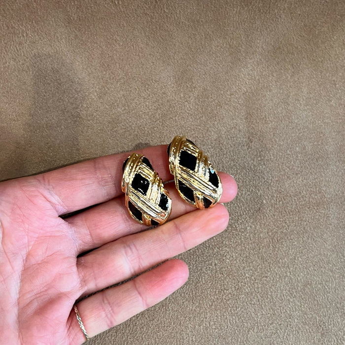 Vintage Black Enamel Gold Plated  Half Hoop Clip on Earrings