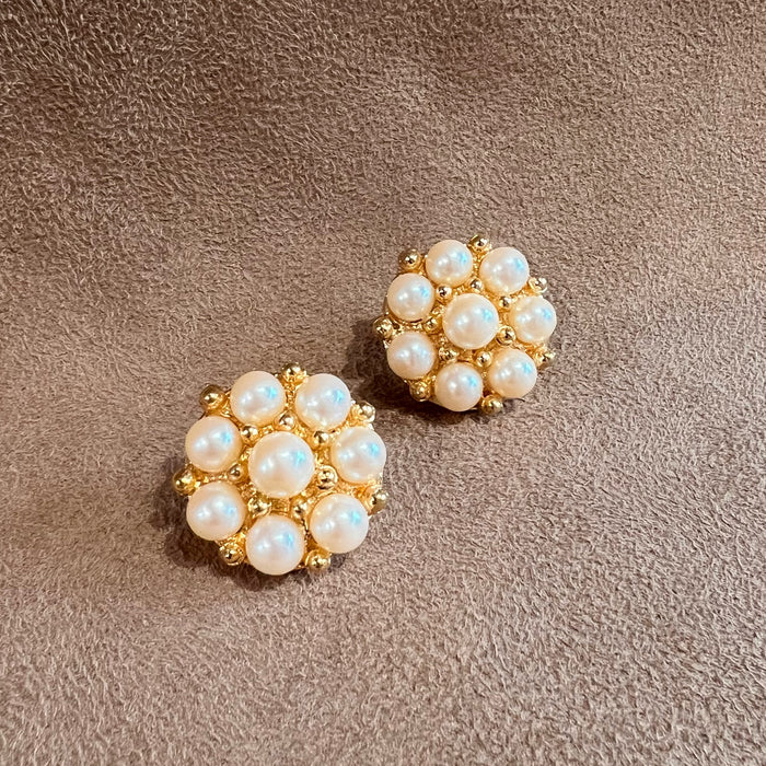 Pearl and Gold Vintage Statement Round Pierced Earrings