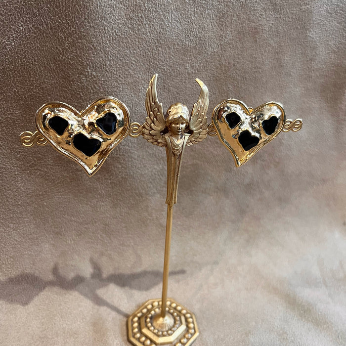 Vintage Black Enamel Gold Plated  Heart Clip on Earrings