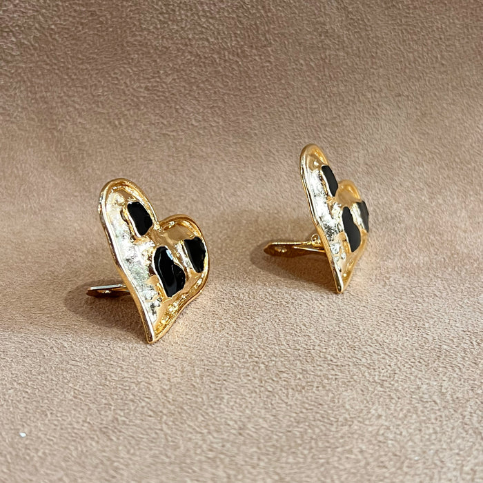 Vintage Black Enamel Gold Plated  Heart Clip on Earrings