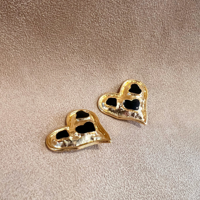 Vintage Black Enamel Gold Plated  Heart Clip on Earrings