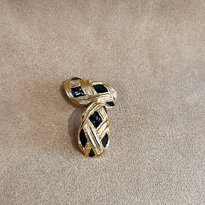 Vintage Black Enamel Gold Plated  Half Hoop Clip on Earrings