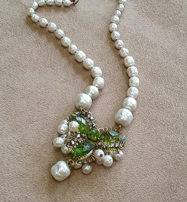 Miriam Haskell Vintage Necklace Pearl Green Glass - The Hirst Collection