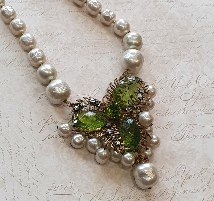 Miriam Haskell Vintage Necklace Pearl Green Glass - The Hirst Collection