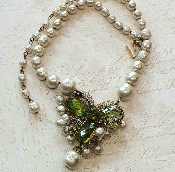 Miriam Haskell Vintage Necklace Pearl Green Glass - The Hirst Collection
